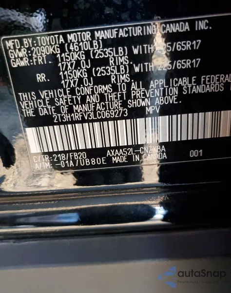 2020 Toyota Rav4 Le z USA, uszkodzony, nr VIN 2T3H1RFV3LC069273